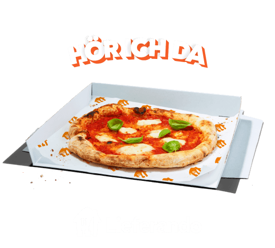 Graphic of Hör ich da above a pizza on orange background with a Lieferando logo below